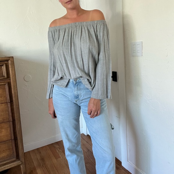 Cloth & Stone Gray Wool Striped Off-the-Shoulder Top - Picture 5 of 6